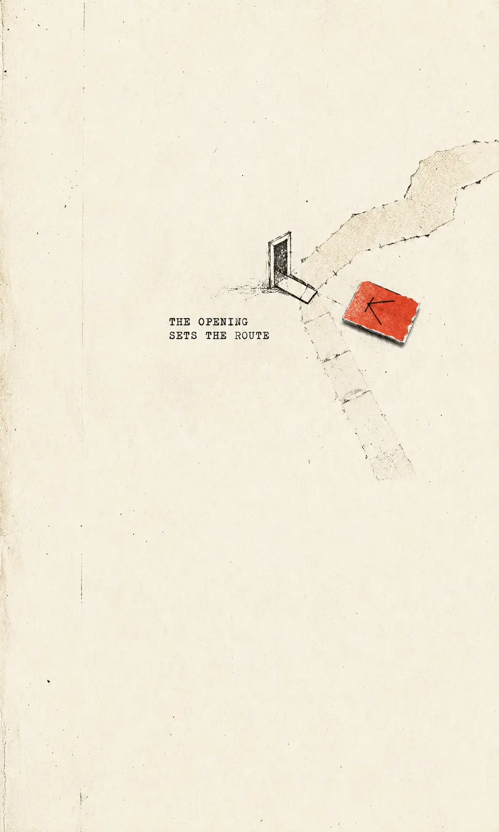Hand-drawn editorial illustration of a small doorway, two paper trails, and a red route tile placed at the threshold.