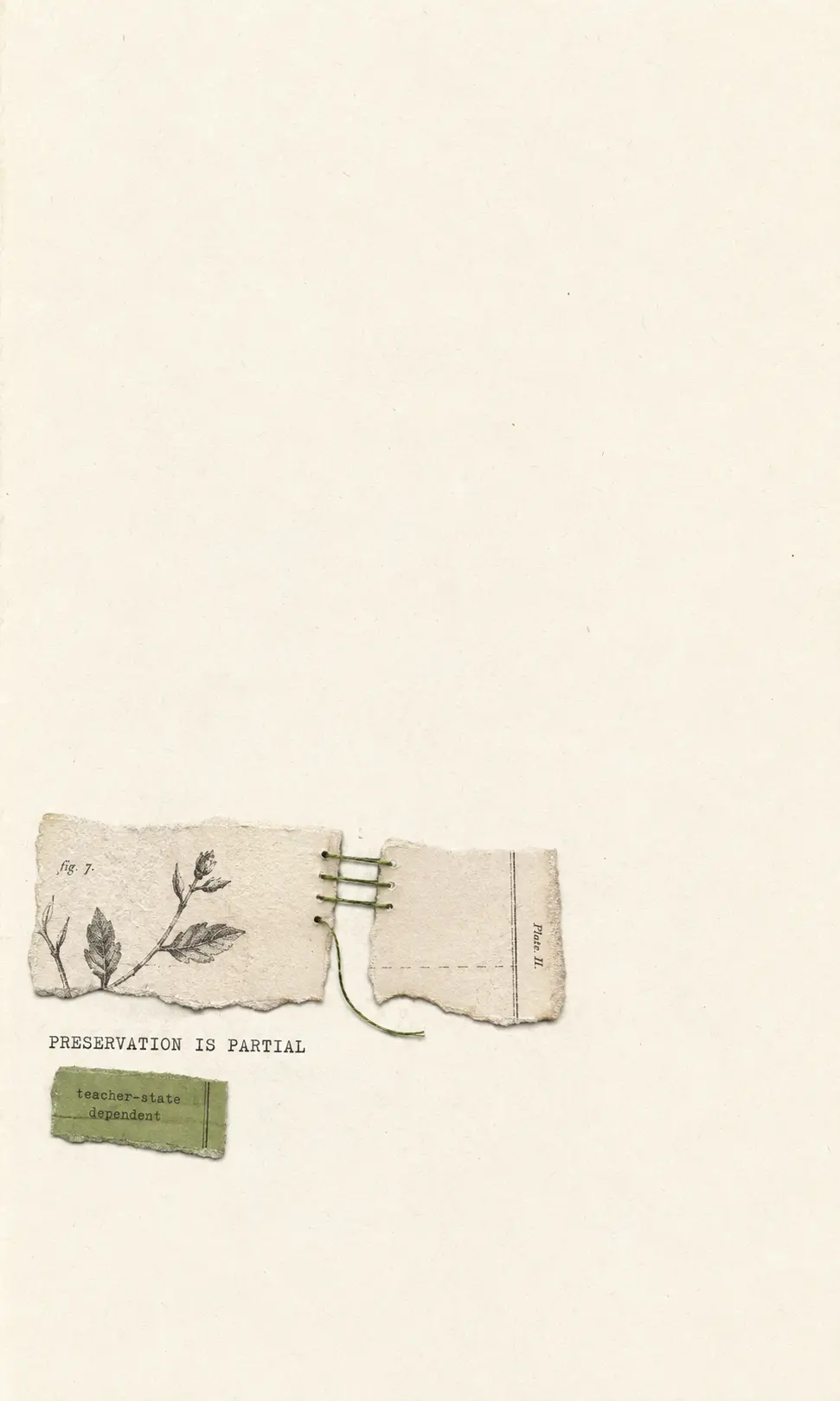 Hand-drawn editorial illustration of two torn paper fragments joined only partly by green thread.